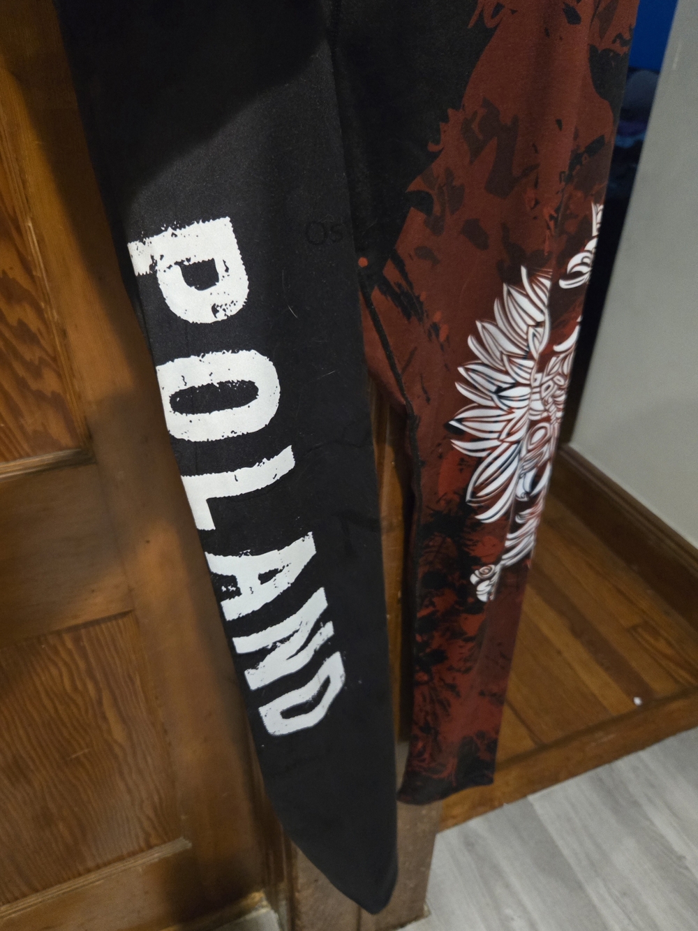 Black & Burgundy Graphic Leggings with White "Poland" and Eagle decal